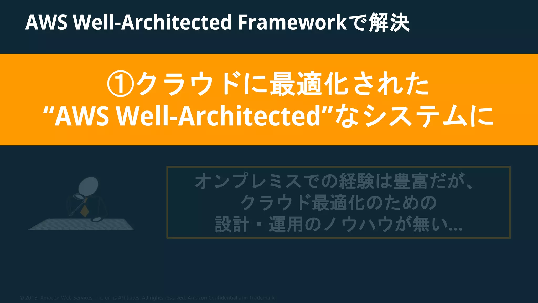 © 2018, Amazon Web Services, Inc. or its Affiliates. All rights reserved. Amazon Confidential and Trademark
AWS Well-Architected Frameworkで解決
(既存構成のリフト&シフトで移行するが)
クラウド最適化が出来るだろうか？
オンプレミスでの経験は豊富だが、
クラウド最適化のための
設計・運用のノウハウが無い…
①クラウドに最適化された
“AWS Well-Architected”なシステムに
 