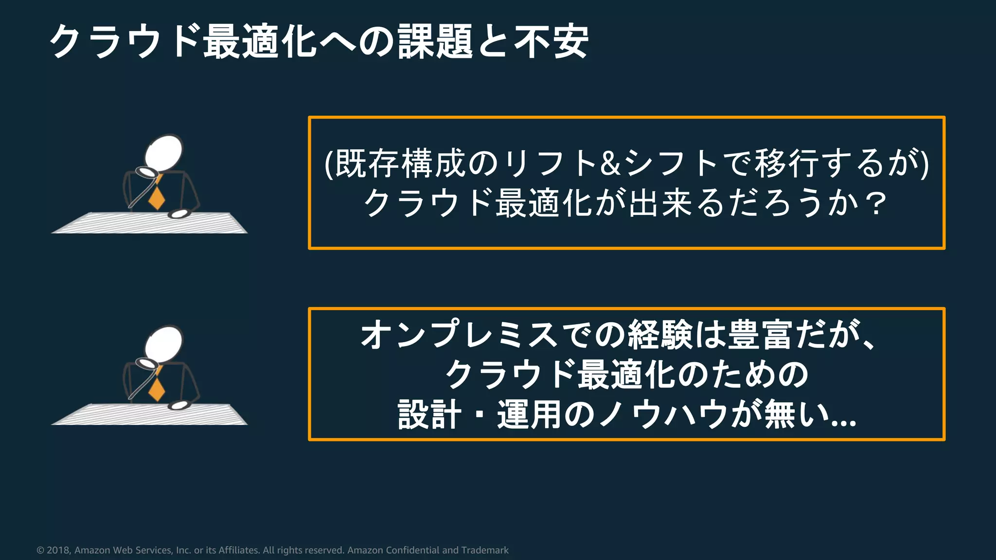 © 2018, Amazon Web Services, Inc. or its Affiliates. All rights reserved. Amazon Confidential and Trademark
クラウド最適化への課題と不安
(既存構成のリフト&シフトで移行するが)
クラウド最適化が出来るだろうか？
オンプレミスでの経験は豊富だが、
クラウド最適化のための
設計・運用のノウハウが無い…
 