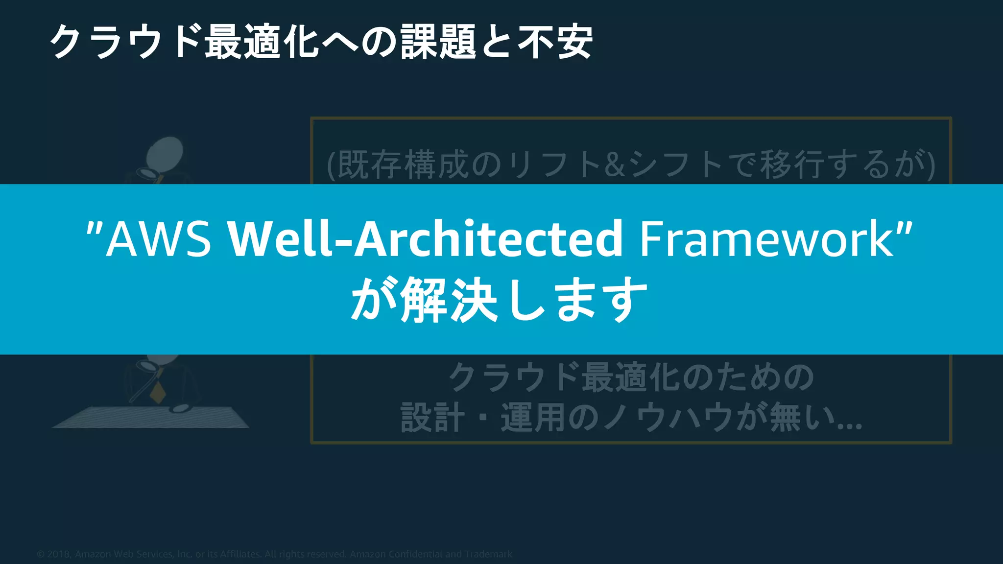 © 2018, Amazon Web Services, Inc. or its Affiliates. All rights reserved. Amazon Confidential and Trademark
クラウド最適化への課題と不安
(既存構成のリフト&シフトで移行するが)
クラウド最適化が出来るだろうか？
オンプレミスでの経験は豊富だが、
クラウド最適化のための
設計・運用のノウハウが無い…
”AWS Well-Architected Framework”
が解決します
 