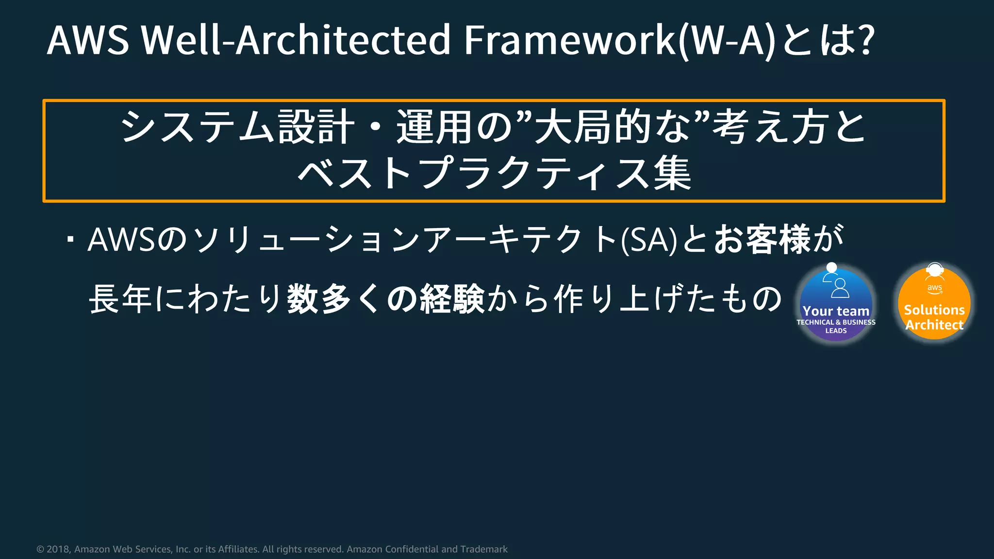 © 2018, Amazon Web Services, Inc. or its Affiliates. All rights reserved. Amazon Confidential and Trademark
・AWSのソリューションアーキテクト(SA)とお客様が
長年にわたり数多くの経験から作り上げたもの Your team
TECHNICAL & BUSINESS
LEADS
Solutions
Architect
 