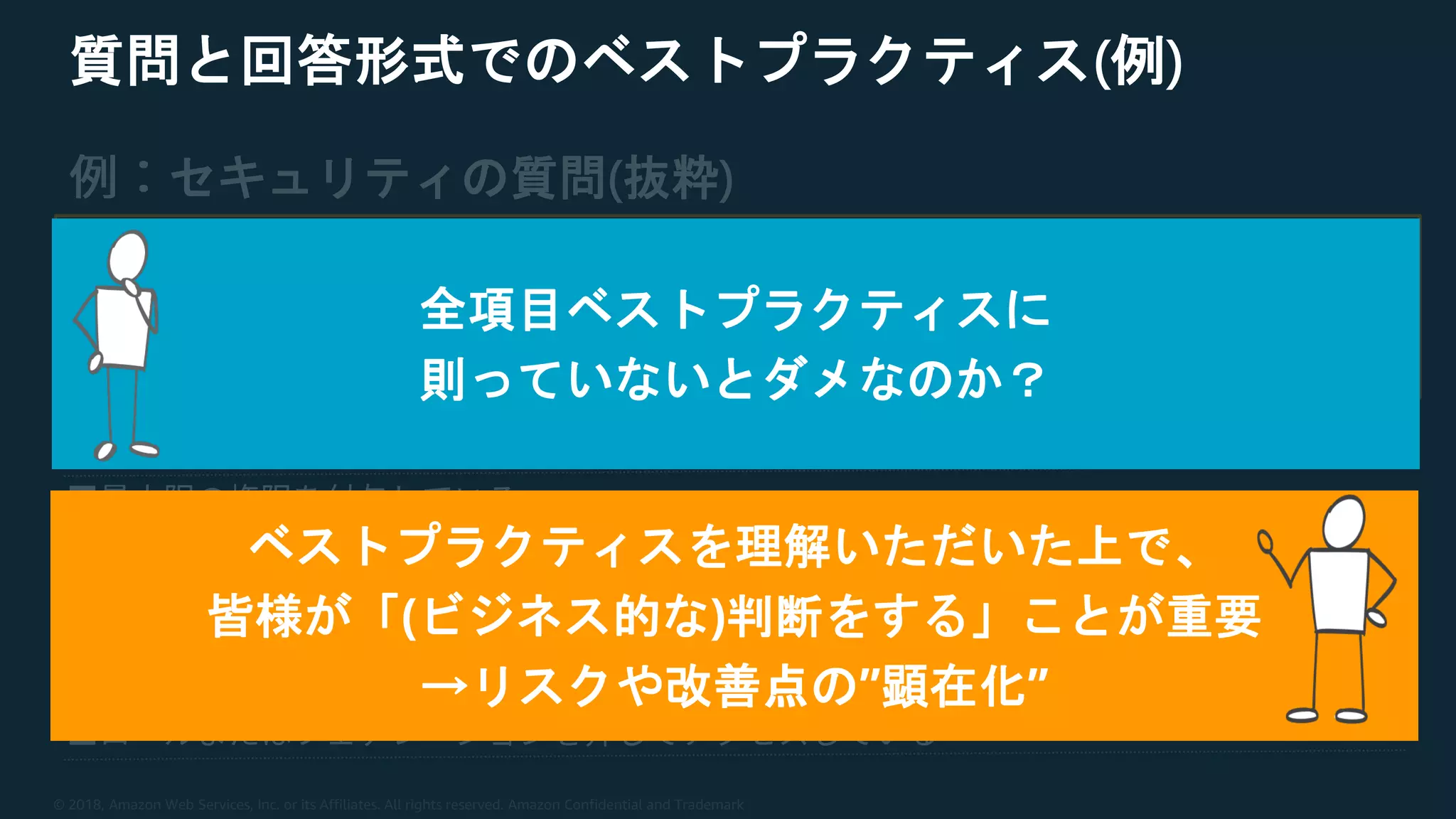 © 2018, Amazon Web Services, Inc. or its Affiliates. All rights reserved. Amazon Confidential and Trademark
質問と回答形式でのベストプラクティス(例)
セキュリティの質問(抜粋)
全項目ベストプラクティスに
則っていないとダメなのか？
ベストプラクティスを理解いただいた上で、
皆様が「(ビジネス的な)判断をする」ことが重要
→リスクや改善点の”顕在化”
 