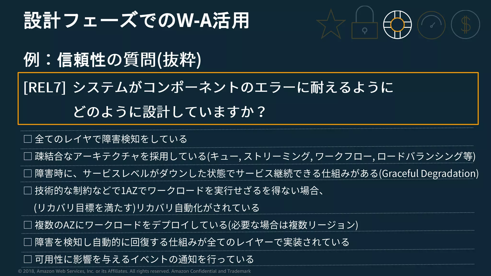 © 2018, Amazon Web Services, Inc. or its Affiliates. All rights reserved. Amazon Confidential and Trademark
設計フェーズでのW-A活用
信頼性
 
