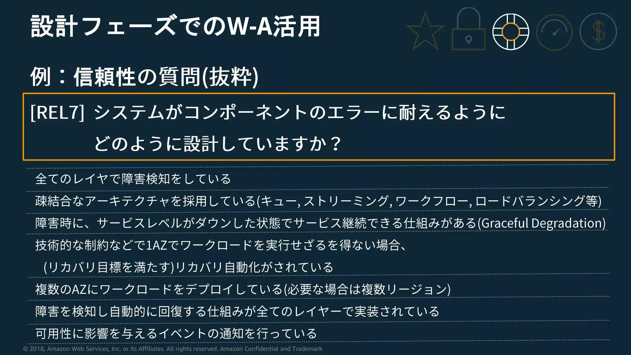© 2018, Amazon Web Services, Inc. or its Affiliates. All rights reserved. Amazon Confidential and Trademark
設計フェーズでのW-A活用
信頼性
 