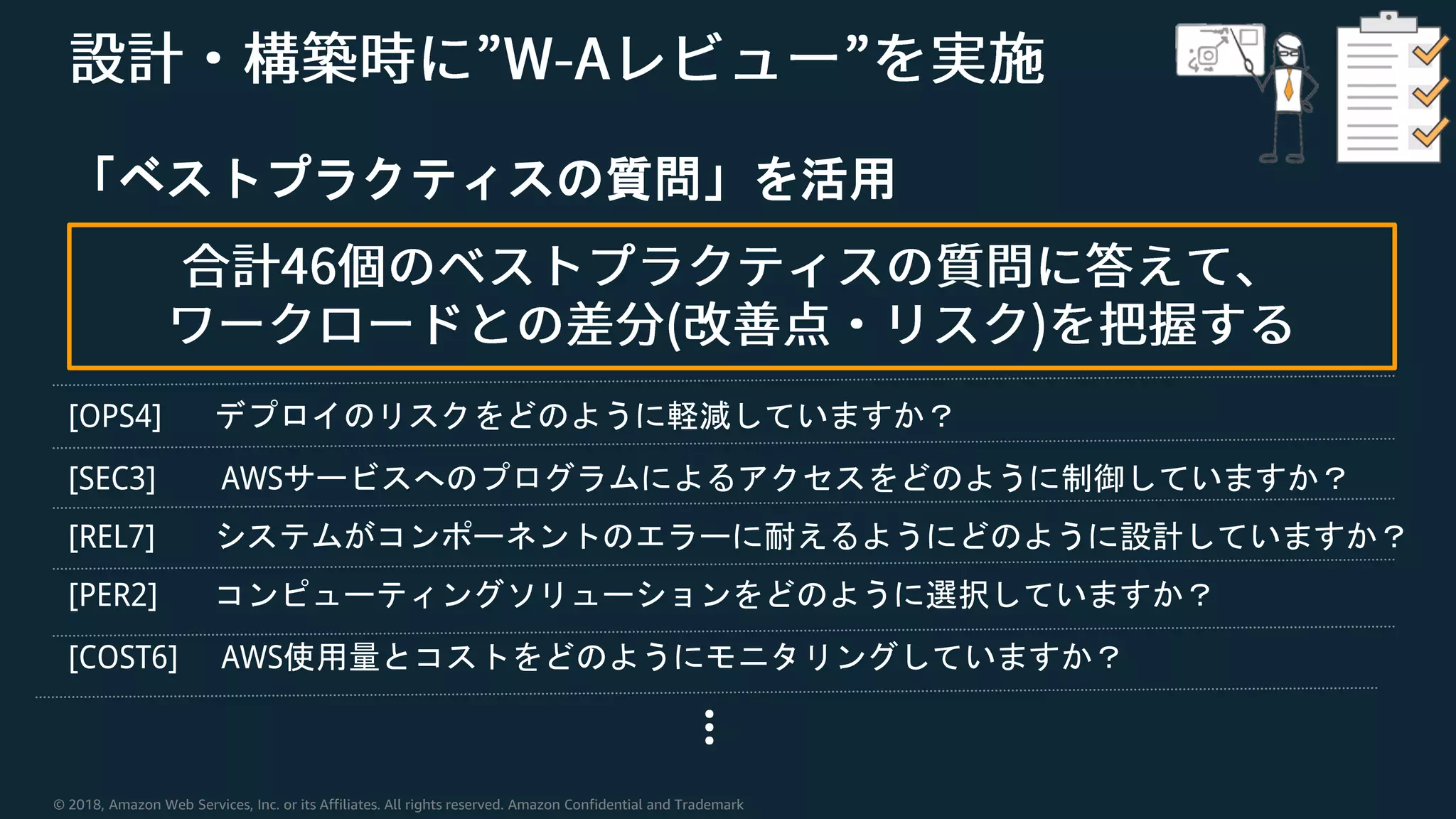 © 2018, Amazon Web Services, Inc. or its Affiliates. All rights reserved. Amazon Confidential and Trademark
「ベストプラクティスの質問」を活用
[OPS4] デプロイのリスクをどのように軽減していますか？
[SEC3] AWSサービスへのプログラムによるアクセスをどのように制御していますか？
[REL7] システムがコンポーネントのエラーに耐えるようにどのように設計していますか？
[PER2] コンピューティングソリューションをどのように選択していますか？
[COST6] AWS使用量とコストをどのようにモニタリングしていますか？
…
 