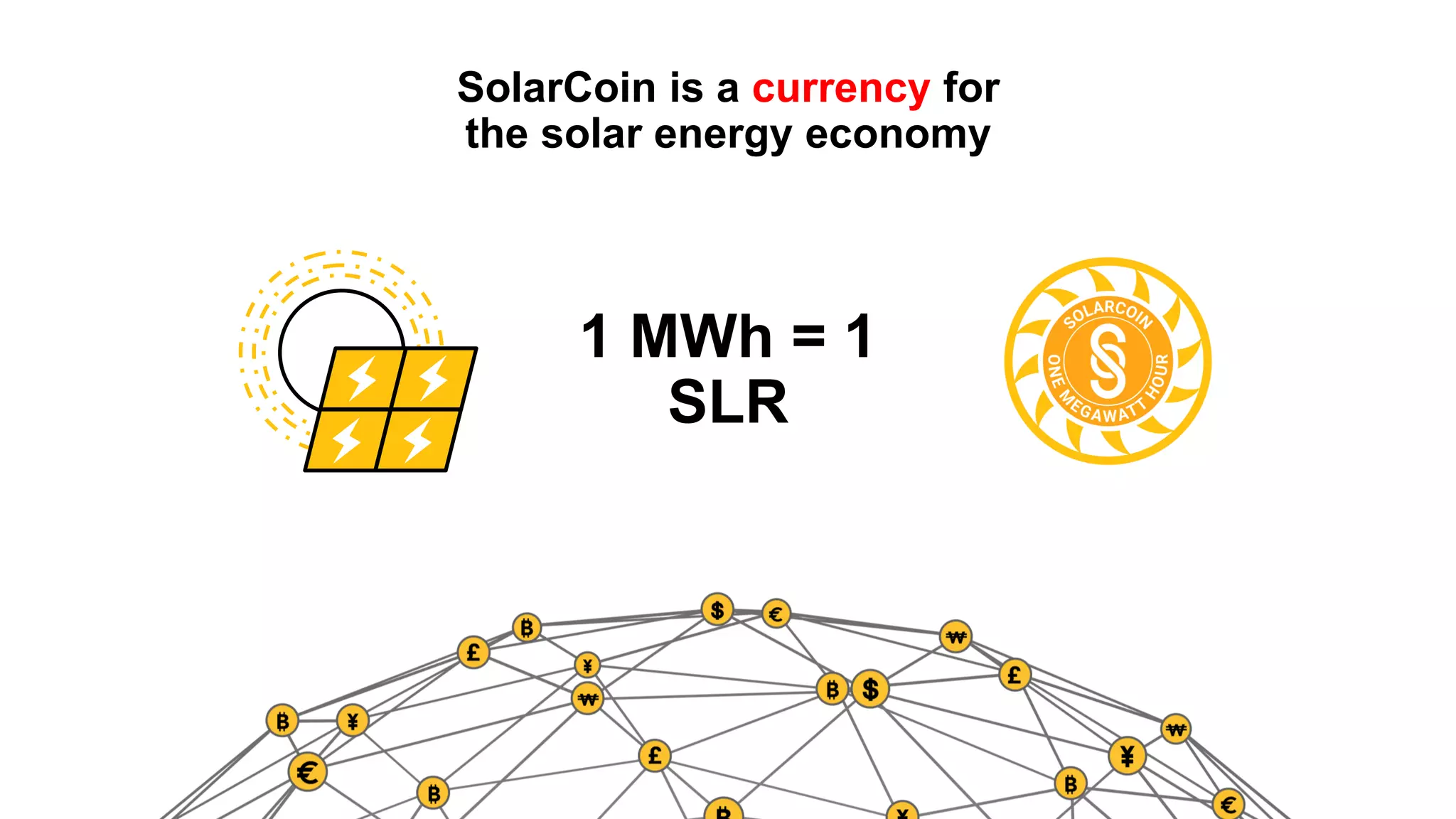 SolarCoin is a currency for
the solar energy economy
1 MWh = 1
SLR