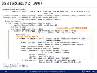 実行計画を確認する（再掲）
ビッグデータ処理のためのGPUとNVME-SSD活用 - PGconf.ASIA 201815
postgres=# EXPLAIN ANALYZE
SELECT cat,count(*),sum(ax) FROM tbl NATURAL JOIN t1 WHERE cid % 100 < 50 GROUP BY cat;
QUERY PLAN
---------------------------------------------------------------------------------------------------
GroupAggregate (cost=203498.81..203501.80 rows=26 width=20)
(actual time=1511.622..1511.632 rows=26 loops=1)
Group Key: tbl.cat
-> Sort (cost=203498.81..203499.26 rows=182 width=20)
(actual time=1511.612..1511.613 rows=26 loops=1)
Sort Key: tbl.cat
Sort Method: quicksort Memory: 27kB
-> Custom Scan (GpuPreAgg) (cost=203489.25..203491.98 rows=182 width=20)
(actual time=1511.554..1511.562 rows=26 loops=1)
Reduction: Local
Combined GpuJoin: enabled
-> Custom Scan (GpuJoin) on tbl (cost=13455.86..220069.26 rows=1797115 width=12)
(never executed)
Outer Scan: tbl (cost=12729.55..264113.41 rows=6665208 width=8)
(actual time=50.726..1101.414 rows=19995540 loops=1)
Outer Scan Filter: ((cid % 100) < 50)
Rows Removed by Outer Scan Filter: 10047462
Depth 1: GpuHashJoin (plan nrows: 6665208...1797115,
actual nrows: 9948078...2473997)
HashKeys: tbl.aid
JoinQuals: (tbl.aid = t1.aid)
KDS-Hash (size plan: 11.54MB, exec: 7125.12KB)
-> Seq Scan on t1 (cost=0.00..2031.00 rows=100000 width=12)
(actual time=0.016..15.407 rows=100000 loops=1)
Planning Time: 0.721 ms
Execution Time: 1595.815 ms
(19 rows)
Combined GPU kernel で処理する部分
 