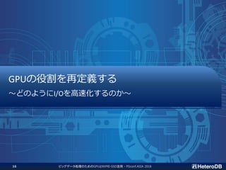 ビッグデータ処理のためのGPUとNVME-SSD活用 - PGconf.ASIA 201816
GPUの役割を再定義する
～どのようにI/Oを高速化するのか～
 