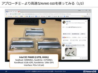 アプローチ① – より高速なNVME-SSDを使ってみる（1/2）
Intel DC P4600 (2.0TB, HHHL)
SeqRead: 3200MB/s, SeqWrite: 1575MB/s
RandRead: 610k IOPS, RandWrite: 196k IOPS
Interface: PCIe 3.0 (x4)
ビッグデータ処理のためのGPUとNVME-SSD活用 - PGconf.ASIA 201827
 