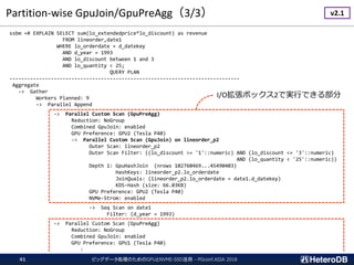 Partition-wise GpuJoin/GpuPreAgg（3/3）
ビッグデータ処理のためのGPUとNVME-SSD活用 - PGconf.ASIA 201841
ssbm =# EXPLAIN SELECT sum(lo_extendedprice*lo_discount) as revenue
FROM lineorder,date1
WHERE lo_orderdate = d_datekey
AND d_year = 1993
AND lo_discount between 1 and 3
AND lo_quantity < 25;
QUERY PLAN
------------------------------------------------------------------------------
Aggregate
-> Gather
Workers Planned: 9
-> Parallel Append
-> Parallel Custom Scan (GpuPreAgg)
Reduction: NoGroup
Combined GpuJoin: enabled
GPU Preference: GPU2 (Tesla P40)
-> Parallel Custom Scan (GpuJoin) on lineorder_p2
Outer Scan: lineorder_p2
Outer Scan Filter: ((lo_discount >= '1'::numeric) AND (lo_discount <= '3'::numeric)
AND (lo_quantity < '25'::numeric))
Depth 1: GpuHashJoin (nrows 102760469...45490403)
HashKeys: lineorder_p2.lo_orderdate
JoinQuals: (lineorder_p2.lo_orderdate = date1.d_datekey)
KDS-Hash (size: 66.03KB)
GPU Preference: GPU2 (Tesla P40)
NVMe-Strom: enabled
-> Seq Scan on date1
Filter: (d_year = 1993)
-> Parallel Custom Scan (GpuPreAgg)
Reduction: NoGroup
Combined GpuJoin: enabled
GPU Preference: GPU1 (Tesla P40)
:
I/O拡張ボックス2で実行できる部分
v2.1
 