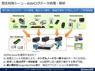 想定利用シーン – M2Mログデータ処理・解析
ビッグデータ処理のためのGPUとNVME-SSD活用 - PGconf.ASIA 201848
増え続けるログデータの管理、集計から解析・機械学習まで対応したデータ管理基盤
Manufacturing Logistics Mobile Home electronics
GPU + NVME-SSD
なぜPG-Stromを適用するのか？
 処理ユニットの拡張により、シングルノードで～数十TBのデータにも対応。
 蓄積した生ログデータのまま、H/W限界に近い速度で集計する事が可能。
 使い慣れたPostgreSQLのSQL構文、周辺アプリケーションを適用可能。
 