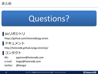 まとめ
ビッグデータ処理のためのGPUとNVME-SSD活用 - PGconf.ASIA 201857
▌Gitリポジトリ
https://github.com/heterodb/pg-strom
▌ドキュメント
http://heterodb.github.io/pg-strom/ja/
▌コンタクト
ML: pgstrom@heterodb.com
e-mail: kaigai@heterodb.com
twitter: @kkaigai
Questions?
 