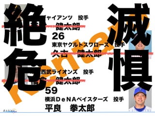 Kentaro
35
読売ジャイアンツ 投手
西村 健太朗
26
東京ヤクルトスワローズ 投手
久古 健太郎
50
埼玉西武ライオンズ 投手
福倉 健太郎
59
横浜ＤｅＮＡベイスターズ 投手
平良 拳太郎
絶
危 惧
滅
 
