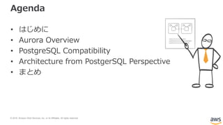 © 2018, Amazon Web Services, Inc. or its Affiliates. All rights reserved.
Agenda
• はじめに
• Aurora Overview
• PostgreSQL Compatibility
• Architecture from PostgerSQL Perspective
• まとめ
 
