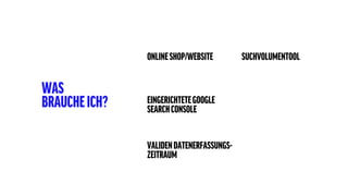 ONLINESHOP/WEBSITE SUCHVOLUMENTOOL
EINGERICHTETEGOOGLE
SEARCHCONSOLE
VALIDENDATENERFASSUNGS-
ZEITRAUM
WAS
BRAUCHEICH?
 