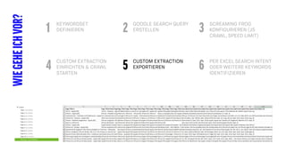 KEYWORDSET
DEFINIEREN
WIEGEHEICHVOR? GOOGLE SEARCH QUERY
ERSTELLEN
SCREAMING FROG
KONFIGURIEREN (JS
CRAWL, SPEED LIMIT)
1 2 3
CUSTOM EXTRACTION
EINRICHTEN & CRAWL
STARTEN
CUSTOM EXTRACTION
EXPORTIEREN
PER EXCEL SEARCH INTENT
ODER WEITERE KEYWORDS
IDENTIFIZIEREN
4 5 6
 