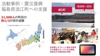 5
21,000人の町民の
約1/3が県外避難
活動事例：震災復興
福島県浪江町への支援
各世帯にタブレット端末を配布
する事業でオープン化を徹底。
億単位の予算削減を実現
10
 