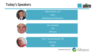 Underwritten by:
Today’s Speakers
Mark Patrick, CIP
Chair
AIIM Board of Directors
John Newton
CTO
Alfresco
Host: Theresa Resek, CIP
Director
AIIM
 