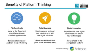Underwritten by:
Benefits of Platform Thinking
Rapidly evolve new digital
capabilities and exploit
new technologies
Digital Innovation
Keep ahead of the
competition and win
Meet customer and end
user requirements with
new digital initiatives
Agile Business
Deliver the solutions that
your users need and want
Move to the Cloud and
adapt faster to new
business opportunities
Platform Scale
Serve customers and
partners more effectively
 