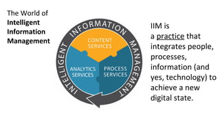  Business content/collaboration
 Transactional content/ECM
 Content integration and migration
 Records management and preservation
 Business Process Management 
(BPM)
 Robotic Process Automation (RPA)
 Low-code development platforms
 Blockchain
 Multi-channel intelligent 
capture
 Content analytics and 
semantics
 Data recognition, extraction 
& standardization
 PII identification and 
protection
The World of 
Intelligent
Information
Management
IIM is 
a practice that 
integrates people, 
processes, 
information (and 
yes, technology) to 
achieve a new 
digital state.
 