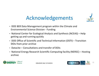 ESS-DIVE AGU 12/14/2018
Acknowledgements
• DOE BER Data Management program within the Climate and
Environmental Science Division - Funding
• National Center for Ecological Analysis and Synthesis (NCEAS) – Help
getting up and running quickly
• DOE Office of Scientific and Technical Information (OSTI) – Transition
DOIs from prior archive
• Datacite – Consultations and transfer of DOIs
• National Energy Research Scientific Computing facility (NERSC) – Hosting
archive
15
 
