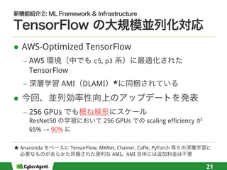 l AWS-Optimized TensorFlow
− AWS c5, p3
TensorFlow
− AMI DLAMI
l
− 256 GPUs
ResNet50 256 GPUs scaling efficiency
65% → 90%
21
Anaconda TensorFlow, MXNet, Chainer, Caffe, PyTorch
AMI AMI
 
