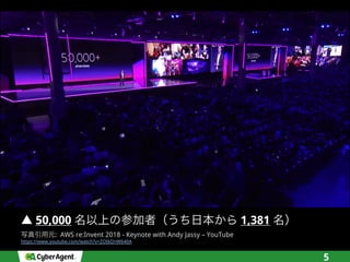 5
50,000 1,381
: AWS re:Invent 2018 - Keynote with Andy Jassy – YouTube
https://www.youtube.com/watch?v=ZOIkOnW640A
 