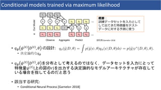 Conditional models trained via maximum likelihood
• 𝑞 𝜙 𝜓 𝑡 𝐷 𝑡 , 𝜃 の設計:
• 決定論的な𝑞 𝜙
• 𝑞 𝜙 𝜓 𝑡 𝐷 𝑡 , 𝜃 を分布として考えるのではなく，データセットを入力にとって
特徴量𝜓 𝑡 (上の図の𝑟)を出力する決定論的なモデルアーキテクチャが存在して
いる場合を指してるのだと思う
• 該当する研究:
• Conditional Neural Process [Garnelo+ 2018]
概要：
訓練データセットを入力として
して出てきた特徴量をテスト
データに対する予測に使う
図引用 Garnelo+ 2018
 