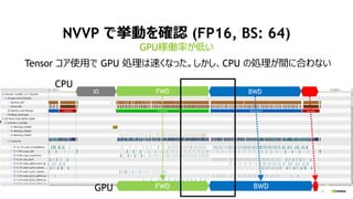 17
NVVP で挙動を確認 (FP16, BS: 64)
GPU稼働率が低い
FWD BWDIO
CPU
FWD BWDGPU
Tensor コア使用で GPU 処理は速くなった。しかし、CPU の処理が間に合わない
 
