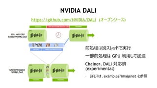 20
NVIDIA DALI
https://github.com/NVIDIA/DALI (オープンソース)
前処理は別スレッドで実行
一部前処理は GPU 利用して加速
Chainer、DALI 対応済
(experimental)
• 詳しくは、examples/imagenet を参照
 