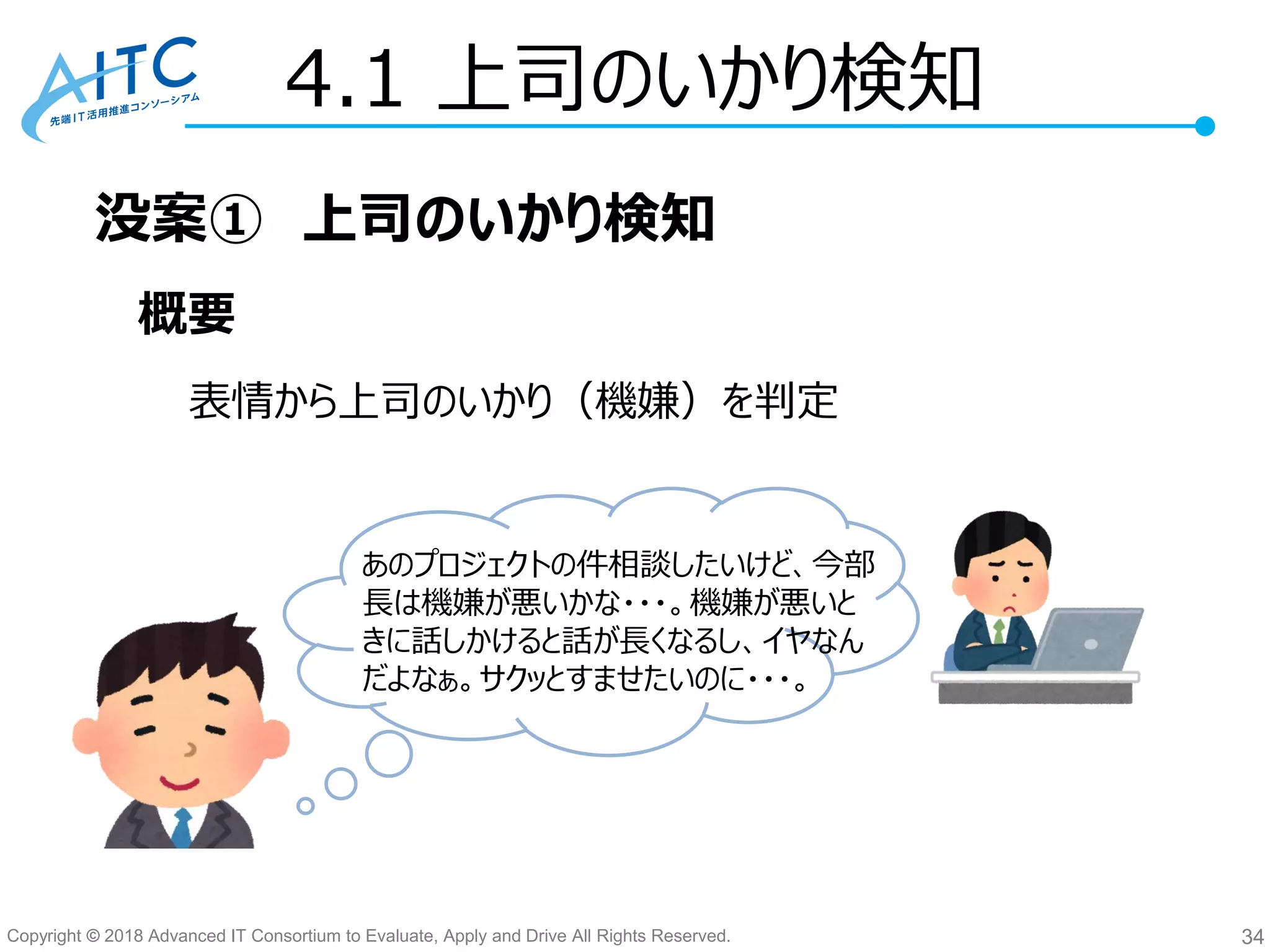 Copyright © 2018 Advanced IT Consortium to Evaluate, Apply and Drive All Rights Reserved.
4.1 上司のいかり検知
没案① 上司のいかり検知
34
あのプロジェクトの件相談したいけど、今部
長は機嫌が悪いかな・・・。機嫌が悪いと
きに話しかけると話が長くなるし、イヤなん
だよなぁ。サクッとすませたいのに・・・。
概要
表情から上司のいかり（機嫌）を判定
 