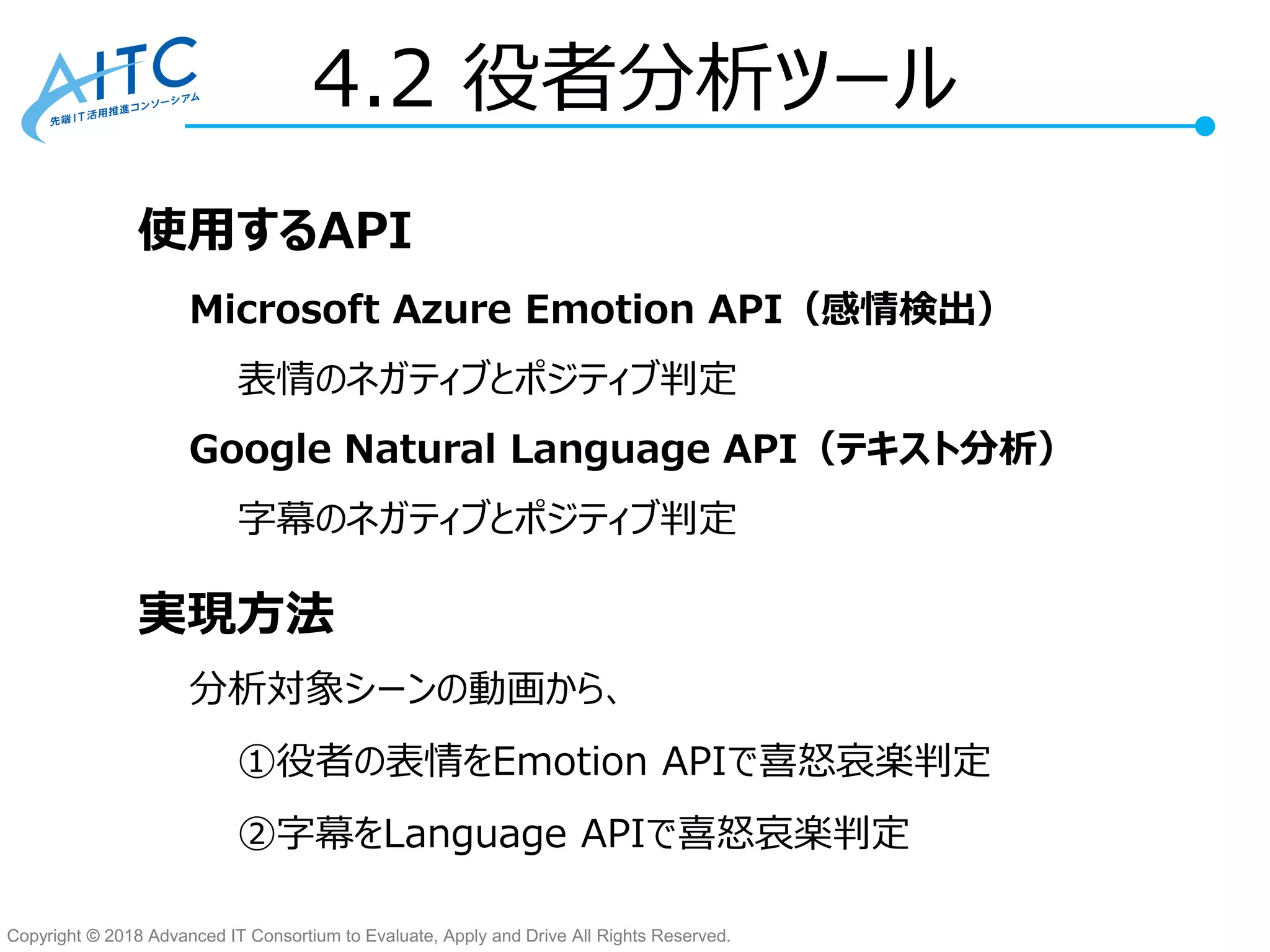 Copyright © 2018 Advanced IT Consortium to Evaluate, Apply and Drive All Rights Reserved.
4.2 役者分析ツール
使用するAPI
Microsoft Azure Emotion API（感情検出）
表情のネガティブとポジティブ判定
Google Natural Language API（テキスト分析）
字幕のネガティブとポジティブ判定
実現方法
分析対象シーンの動画から、
①役者の表情をEmotion APIで喜怒哀楽判定
②字幕をLanguage APIで喜怒哀楽判定
 
