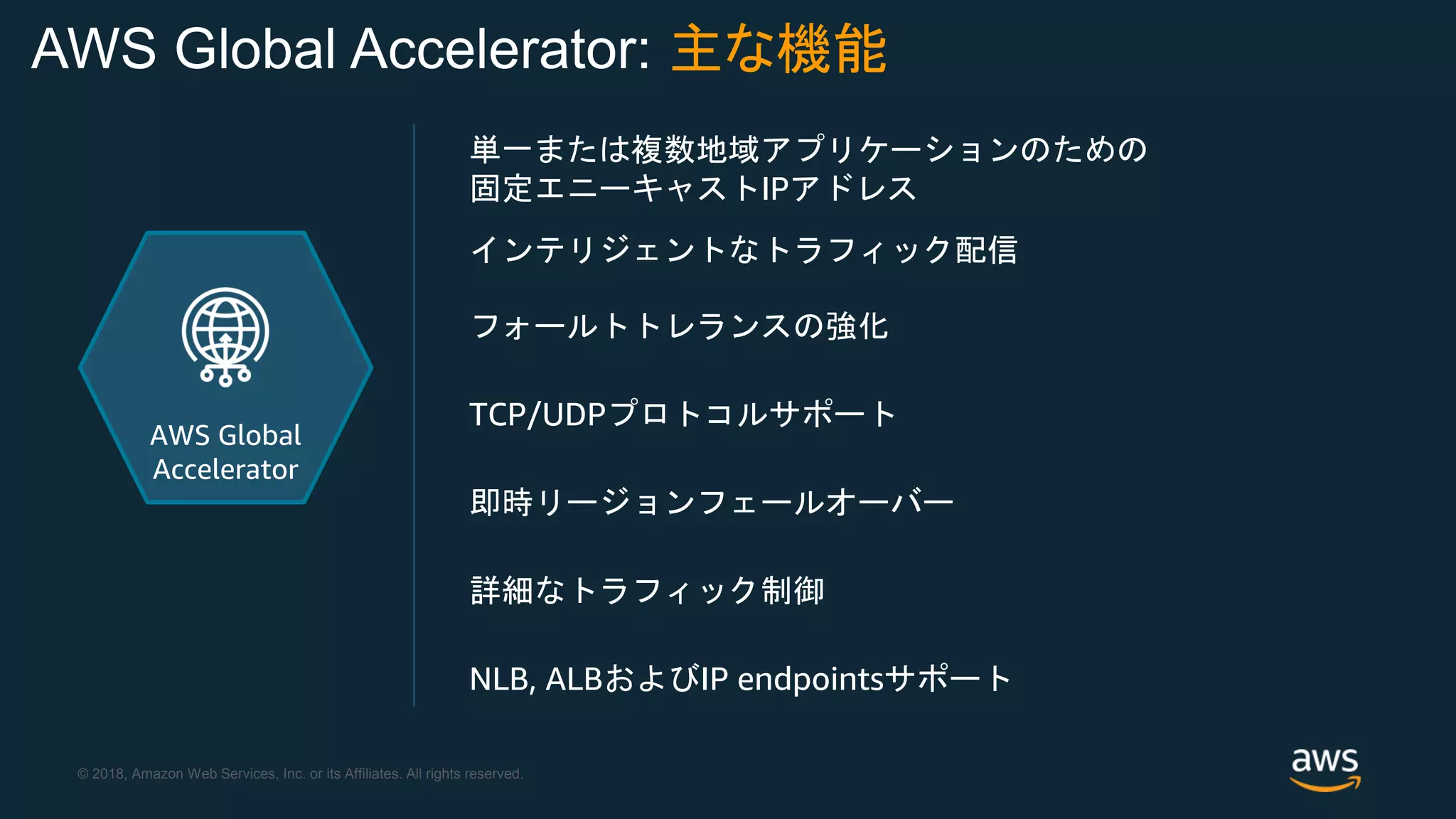 © 2018, Amazon Web Services, Inc. or its Affiliates. All rights reserved.
AWS Global Accelerator: 主な機能
AWS Global
Accelerator
単一または複数地域アプリケーションのための
固定エニーキャストIPアドレス
インテリジェントなトラフィック配信
TCP/UDPプロトコルサポート
即時リージョンフェールオーバー
フォールトトレランスの強化
詳細なトラフィック制御
NLB, ALBおよびIP endpointsサポート
 