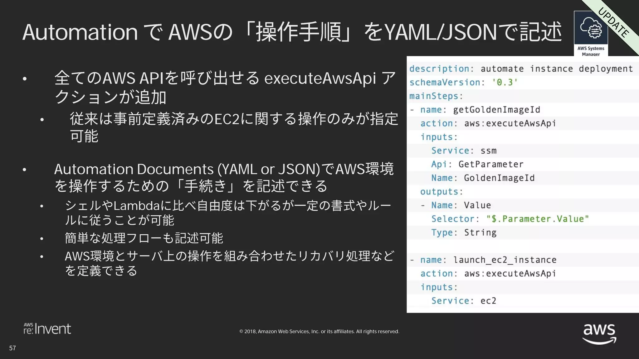 © 2018, Amazon Web Services, Inc. or its affiliates. All rights reserved.
Automation AWS YAML/JSON
• AWS API executeAwsApi
• EC2
• Automation Documents (YAML or JSON) AWS
• Lambda
•
• AWS
 