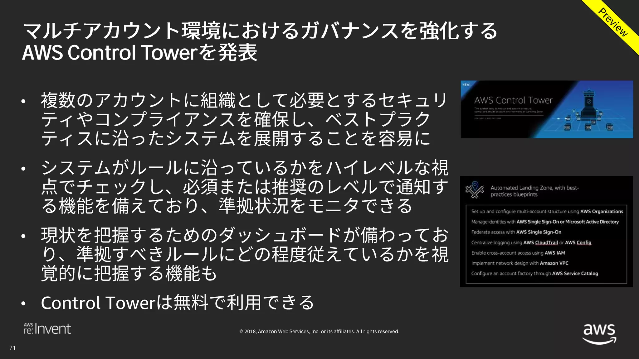 © 2018, Amazon Web Services, Inc. or its affiliates. All rights reserved.
AWS Control Tower
•
•
•
• Control Tower
 