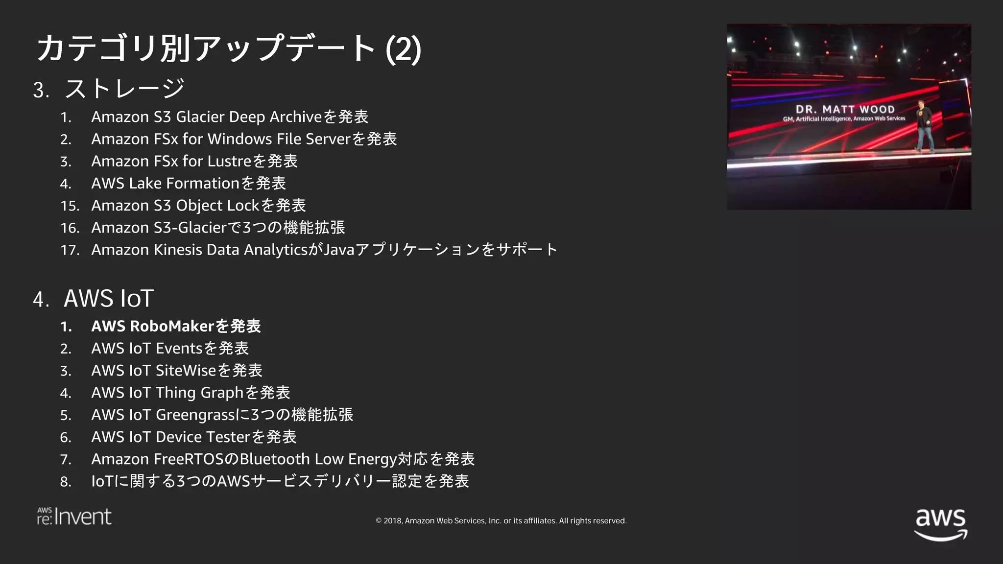 © 2018, Amazon Web Services, Inc. or its affiliates. All rights reserved.
(2)
3.
1. Amazon S3 Glacier Deep Archiveを発表
2. Amazon FSx for Windows File Serverを発表
3. Amazon FSx for Lustreを発表
4. AWS Lake Formationを発表
15. Amazon S3 Object Lockを発表
16. Amazon S3-Glacierで3つの機能拡張
17. Amazon Kinesis Data AnalyticsがJavaアプリケーションをサポート
4. AWS IoT
1. AWS RoboMakerを発表
2. AWS IoT Eventsを発表
3. AWS IoT SiteWiseを発表
4. AWS IoT Thing Graphを発表
5. AWS IoT Greengrassに3つの機能拡張
6. AWS IoT Device Testerを発表
7. Amazon FreeRTOSのBluetooth Low Energy対応を発表
8. IoTに関する3つのAWSサービスデリバリー認定を発表
 