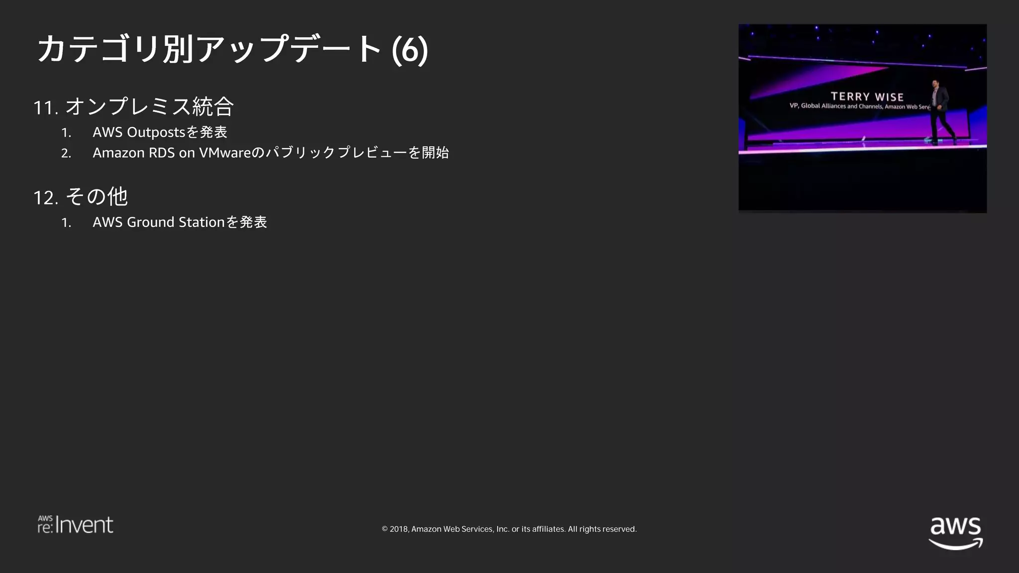 © 2018, Amazon Web Services, Inc. or its affiliates. All rights reserved.
(6)
11.
1. AWS Outpostsを発表
2. Amazon RDS on VMwareのパブリックプレビューを開始
12.
1. AWS Ground Stationを発表
 