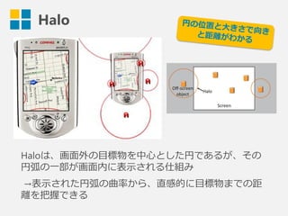 Halo
Haloは、画面外の目標物を中心とした円であるが、その
円弧の一部が画面内に表示される仕組み
→表示された円弧の曲率から、直感的に目標物までの距
離を把握できる
 