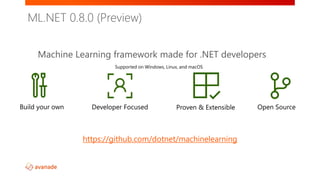 Proven & Extensible Open Source
https://github.com/dotnet/machinelearning
Build your own
Supported on Windows, Linux, and macOS
Developer Focused
ML.NET 0.8.0 (Preview)
Machine Learning framework made for .NET developers
 