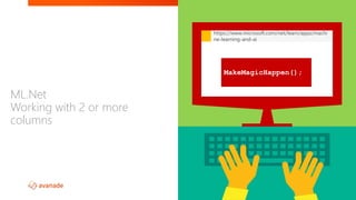 ML.Net
Working with 2 or more
columns
MakeMagicHappen();
https://www.microsoft.com/net/learn/apps/machi
ne-learning-and-ai
 