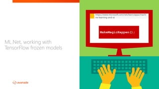 ML.Net, working with
TensorFlow frozen models
MakeMagicHappen();
https://www.microsoft.com/net/learn/apps/machi
ne-learning-and-ai
 