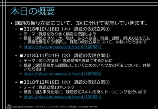 本日の概要
• 課題の仮設立案について、3回に分けて実施していきます。
– ■2018年10月18日（木） 課題の仮説立案①
» テーマ：課題を取り巻く構造を把握しよう
» 概要：課題とはなにか。現状、あるべき姿、問題、課題、解決方法を元に
、課題を構造から理解し、課題の仮設立案について、体験いただきます
» https://elv.connpass.com/event/100922/
– ■2018年11月21日（水） 課題の仮説立案②
» テーマ：前回の復習 - 課題候補を課題にするために
» 概要：課題候補から課題にしていくためのいくつかの手法について、体験
いただきます
» https://elv.connpass.com/event/100923/
– ■2018年12月19日（水） 課題の仮説立案③
» テーマ：課題立案10本ノック
» 概要：過去事例を元に、課題設定スキルを磨くトーレニングを行います
» https://elv.connpass.com/event/100924/
Copyright© POStudy . All rights reserved.～アジャイル・プロダクトマネジメント研究会～ 3
 
