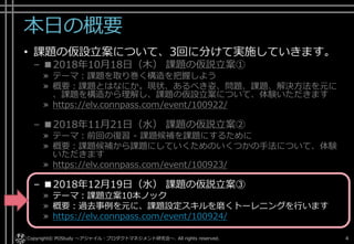 本日の概要
• 課題の仮設立案について、3回に分けて実施していきます。
– ■2018年10月18日（木） 課題の仮説立案①
» テーマ：課題を取り巻く構造を把握しよう
» 概要：課題とはなにか。現状、あるべき姿、問題、課題、解決方法を元に
、課題を構造から理解し、課題の仮設立案について、体験いただきます
» https://elv.connpass.com/event/100922/
– ■2018年11月21日（水） 課題の仮説立案②
» テーマ：前回の復習 - 課題候補を課題にするために
» 概要：課題候補から課題にしていくためのいくつかの手法について、体験
いただきます
» https://elv.connpass.com/event/100923/
– ■2018年12月19日（水） 課題の仮説立案③
» テーマ：課題立案10本ノック
» 概要：過去事例を元に、課題設定スキルを磨くトーレニングを行います
» https://elv.connpass.com/event/100924/
Copyright© POStudy . All rights reserved.～アジャイル・プロダクトマネジメント研究会～ 4
 