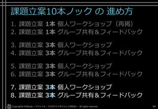 課題立案10本ノック の 進め方
1. 課題立案 1本 個人ワークショップ（再掲）
2. 課題立案 1本 グループ共有＆フィードバック
3. 課題立案 3本 個人ワークショップ
4. 課題立案 3本 グループ共有＆フィードバック
5. 課題立案 3本 個人ワークショップ
6. 課題立案 3本 グループ共有＆フィードバック
7. 課題立案 3本 個人ワークショップ
8. 課題立案 3本 グループ共有＆フィードバック
Copyright© POStudy . All rights reserved.～アジャイル・プロダクトマネジメント研究会～ 69
 