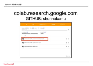 Pythonで線形判別分析
colab.research.google.com
GITHUB: shunnakamu
 
