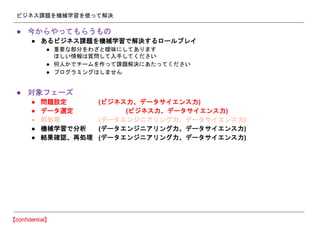 ビジネス課題を機械学習を使って解決
● 今からやってもらうもの
● あるビジネス課題を機械学習で解決するロールプレイ
● 重要な部分をわざと曖昧にしてあります
ほしい情報は質問して入手してください
● 何人かでチームを作って課題解決にあたってください
● プログラミングはしません
● 対象フェーズ
● 問題設定 (ビジネス力、データサイエンス力)
● データ選定 (ビジネス力、データサイエンス力)
● 前処理 (データエンジニアリング力、データサイエンス力)
● 機械学習で分析 (データエンジニアリング力、データサイエンス力)
● 結果確認、再処理 (データエンジニアリング力、データサイエンス力)
 