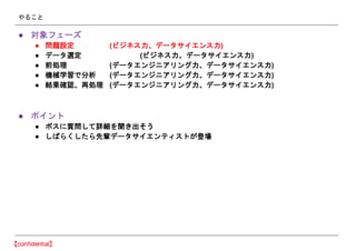 やること
● 対象フェーズ
● 問題設定 (ビジネス力、データサイエンス力)
● データ選定 (ビジネス力、データサイエンス力)
● 前処理 (データエンジニアリング力、データサイエンス力)
● 機械学習で分析 (データエンジニアリング力、データサイエンス力)
● 結果確認、再処理 (データエンジニアリング力、データサイエンス力)
● ポイント
● ボスに質問して詳細を聞き出そう
● しばらくしたら先輩データサイエンティストが登場
 
