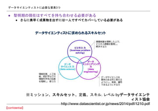 データサイエンティストに必要な要素3つ
※ミッション、スキルセット、定義、スキル. レベル byデータサイエンテ
ィスト協会
http://www.datascientist.or.jp/news/2014/pdf/1210.pdf
● 黎明期の現在はすべてを持ち合わせる必要がある
● さらに素早く成果物を出すには一人ですべてカバーしている必要がある
 