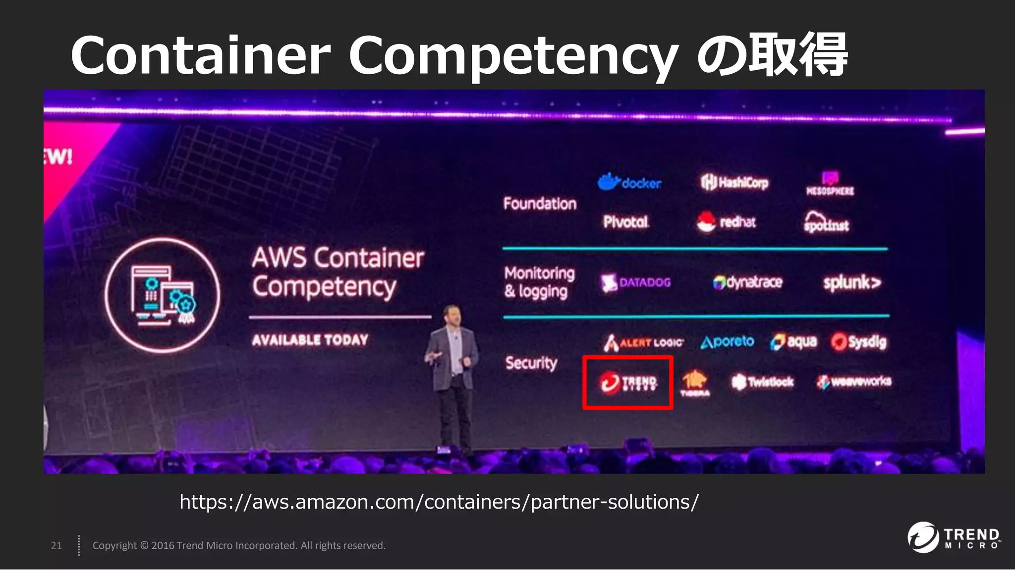 21 Copyright © 2016 Trend Micro Incorporated. All rights reserved.
https://aws.amazon.com/containers/partner-solutions/
Container Competency の取得
 