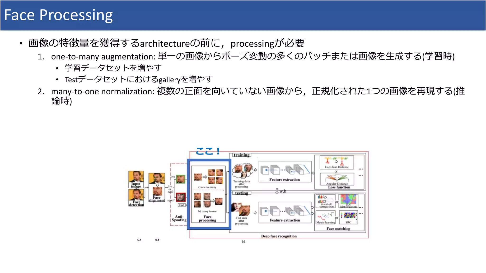 Face Processing
• 画像の特徴量を獲得するarchitectureの前に，processingが必要
1. one-to-many augmentation: 単一の画像からポーズ変動の多くのパッチまたは画像を生成する(学習時)
• 学習データセットを増やす
• Testデータセットにおけるgalleryを増やす
2. many-to-one normalization: 複数の正面を向いていない画像から，正規化された1つの画像を再現する(推
論時)
ここ！
 
