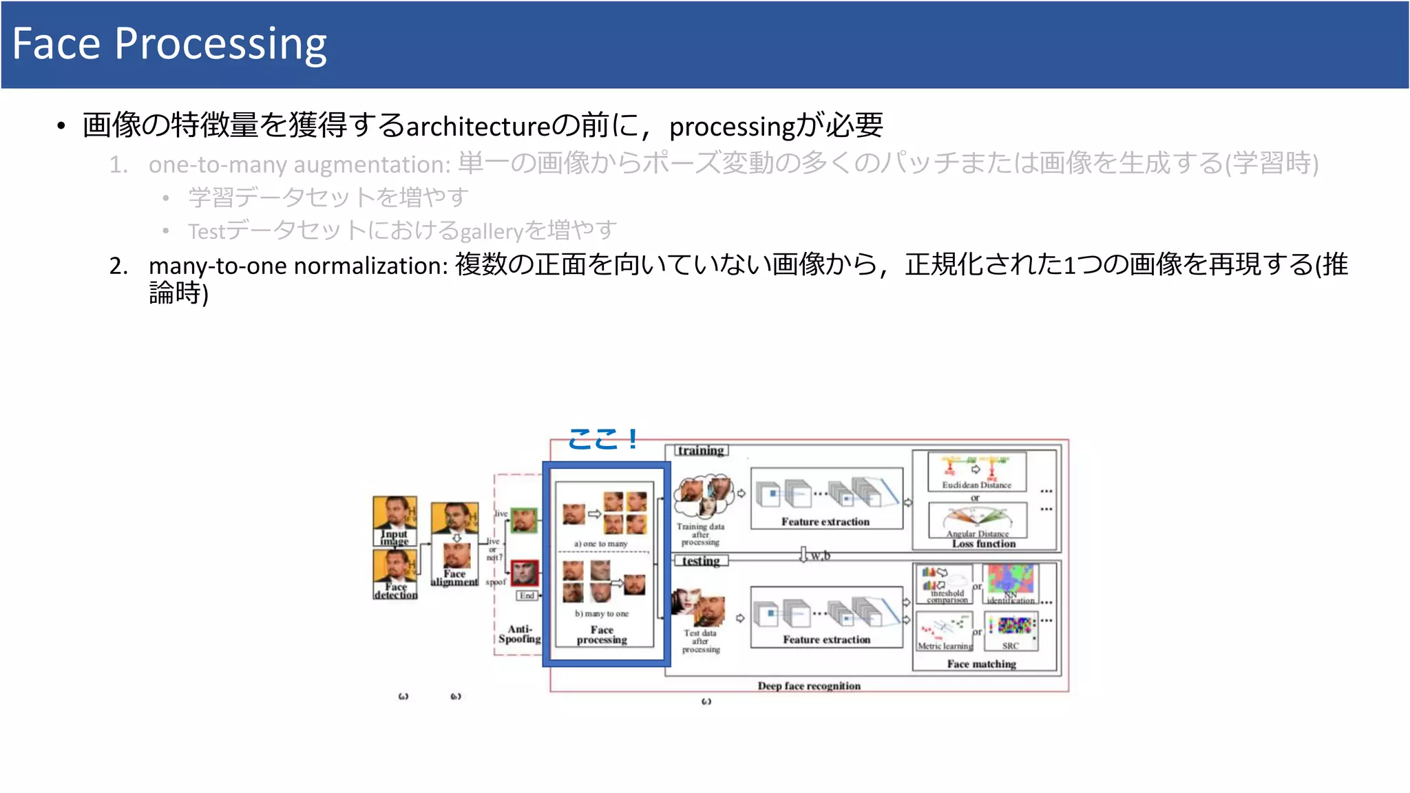 Face Processing
• 画像の特徴量を獲得するarchitectureの前に，processingが必要
1. one-to-many augmentation: 単一の画像からポーズ変動の多くのパッチまたは画像を生成する(学習時)
• 学習データセットを増やす
• Testデータセットにおけるgalleryを増やす
2. many-to-one normalization: 複数の正面を向いていない画像から，正規化された1つの画像を再現する(推
論時)
ここ！
 